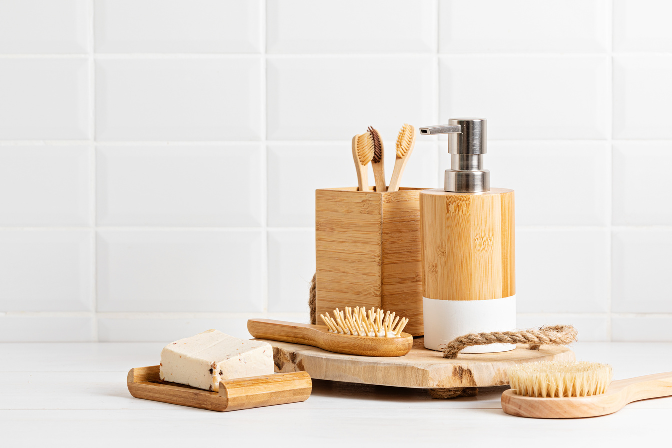 Bathroom styling and organization. Organic lifestyle and skin care products
